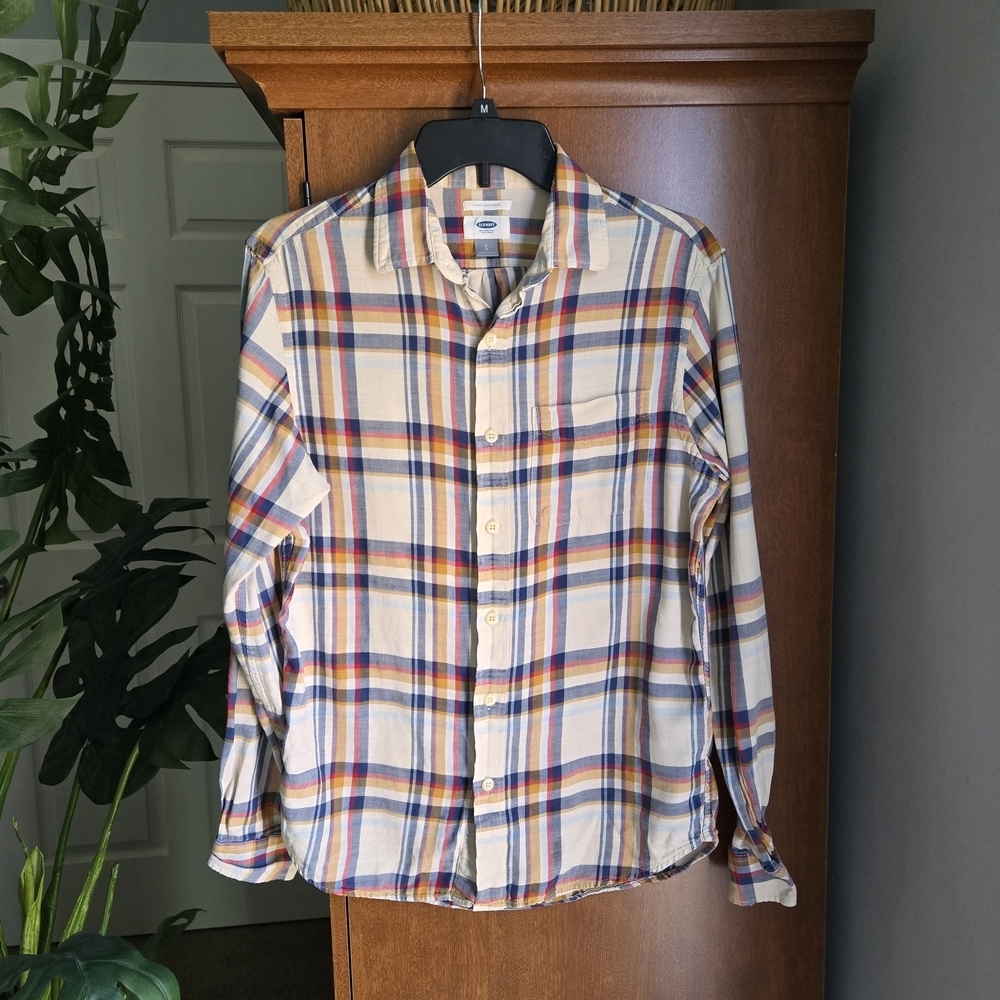 Old Navy Men's Plaid Button-Down Shirt - Beige, Blue, Red, Yellow